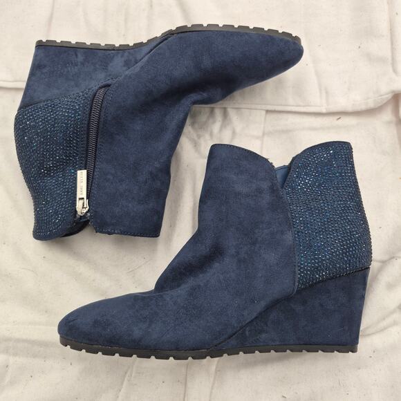 New Anne Klein Kenny Rhinestone Wedge Booties navy microsuede size 6M - Picture 1 of 7